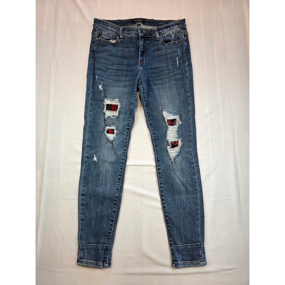 Judy Blue Denim - Judy Blue Skinny Jeans 11/30 Distressed Red Plaid Patch Medium Wash